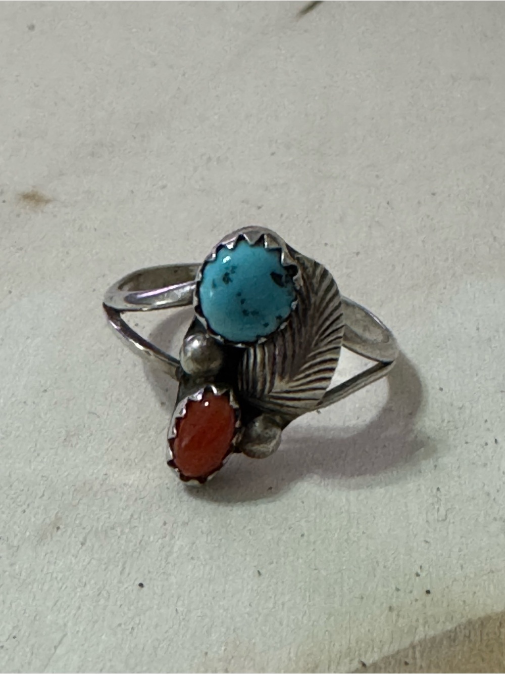 Vintage Native American Sterling Silver Turquoise Coral Ring Size 5.75